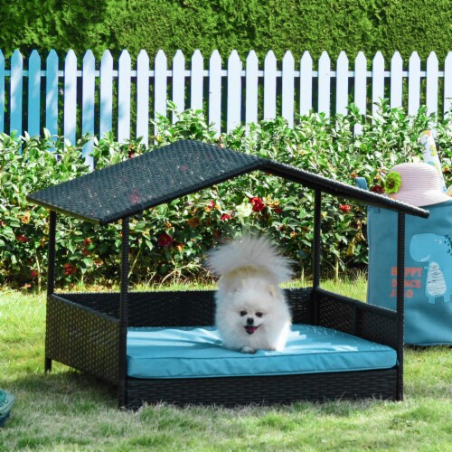 Elevated Wicker Dog House Raised Rattan Pet Bed Cabana w Cushion Canopy Blue 1 Unit Fred Meyer