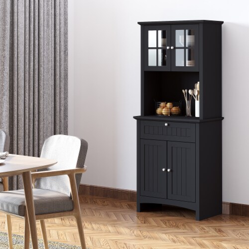 Wooden Dining Room Cupboard Pantry with Framed Glass Doors and Open Counter Perspective: bottom