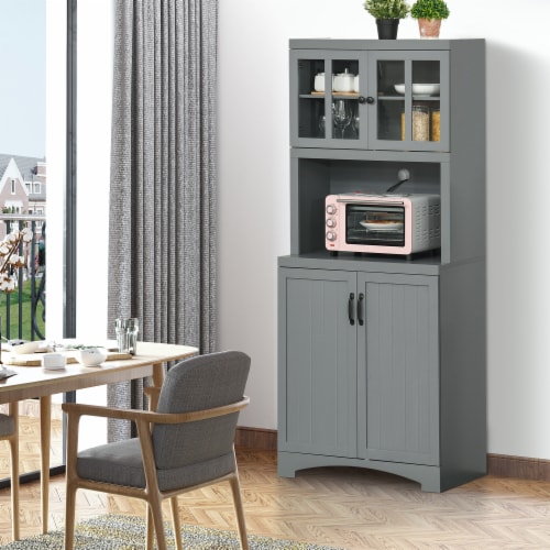 Freestanding Kitchen Storage Cupboard with Framed Glass Doors & Open Countertop Perspective: bottom