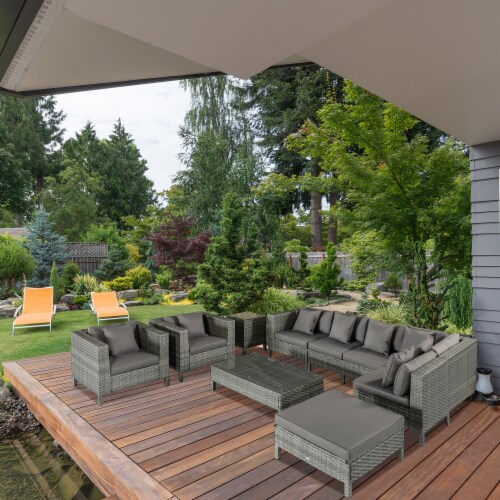 Outside Sitting & Conversation Sofa Set w/ Thick Sofa Cushions & Tea Table, Grey Perspective: bottom