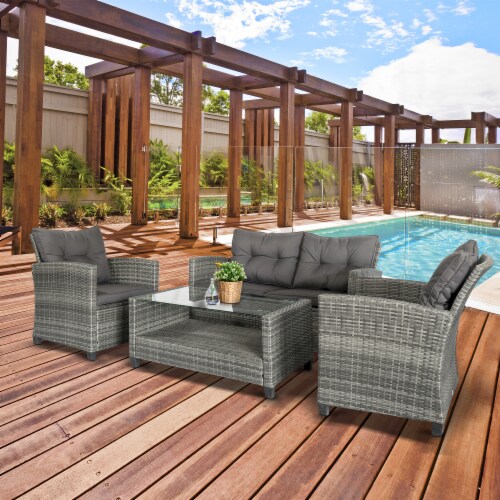 4-pc Outside Deck & Balcony Wicker Furniture Set w/ Seating & Coffee Table Grey Perspective: bottom