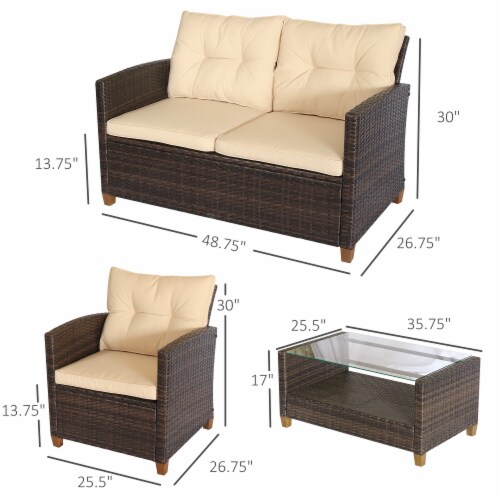 4-pc Outside Deck & Balcony Wicker Furniture Set w/ Seating & Coffee Table Beige Perspective: bottom