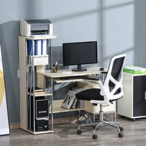 Wood Desktop Corner Working Desk with 4-Tier Shelving and Pullout Keyboard Tray Perspective: bottom