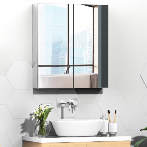Wall-Mount Mirror Vanity Bathroom Stainless Steel w/Door Shelves, Silver 24 x26 Perspective: bottom