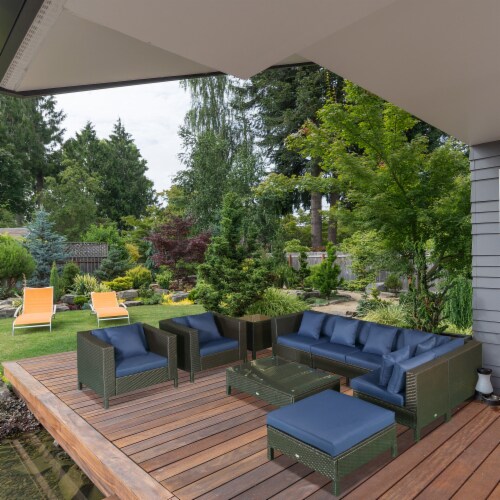 Outside Sitting & Conversation Sofa Set w/ Thick Sofa Cushions & Tea Table, Navy Perspective: bottom