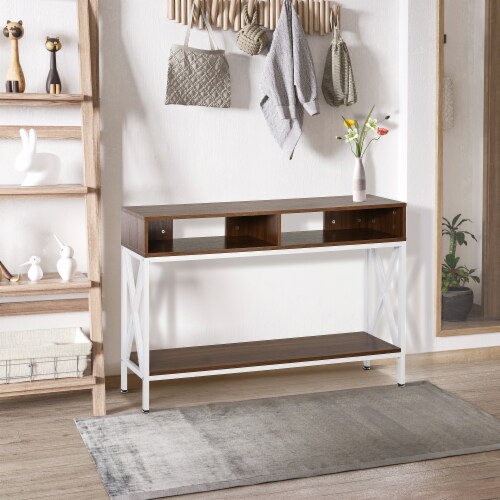 Media Console Table/Industry Desk with 4 Open Shelves and X Bar Metal Frame Perspective: bottom