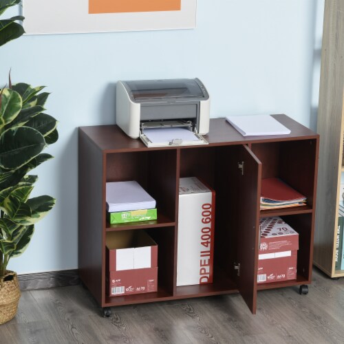Wheeled Office/Home Printer Stand & Cabinet w/ 2 Variable Shelves Brown Perspective: bottom