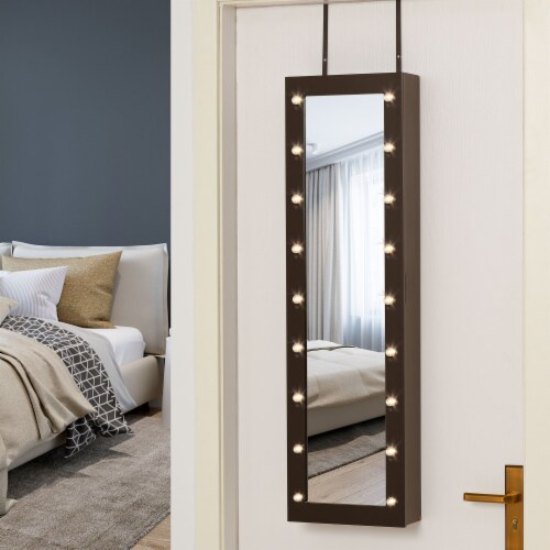 Mirrored Jewelry Cabinet Armoire Storage Organizer w/ 18 LED Lights Walnut Perspective: bottom