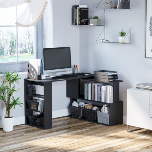 360° Rotating Home Office Corner Desk and Storage Shelf Combo LShaped