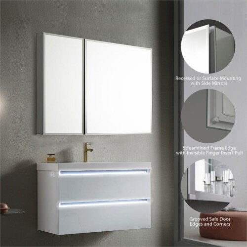 30 Inch Aluminum Bathroom Medicine Cabinet with Recess Or Surface Mount 30x26 Perspective: bottom