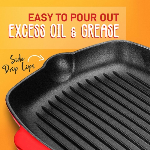 NutriChef 11 Inch Square Cast Iron Skillet with Porcelain Enamel Coating, Red Perspective: bottom