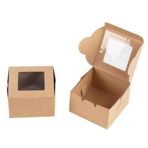 25 Pack Kraft Paper Cake Box with Display Window, 4 x 4 x 2.3 Inches, Brown Perspective: bottom