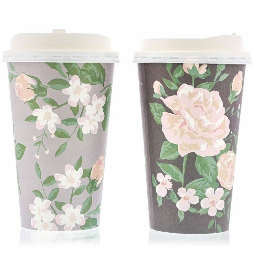 48 Pack Vintage Floral Paper Insulated Coffee Cups with Lids, 4 Designs, 16 Ounces Perspective: bottom