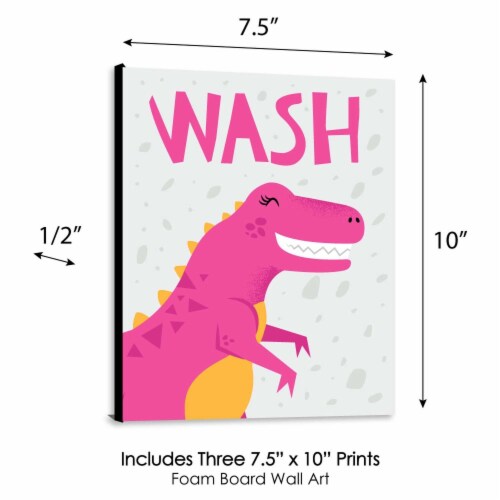 Big Dot of Happiness Roar Dinosaur Girl Wall Art 7.5 x 10 in Set of 3 Wash Brush Flush Perspective: bottom