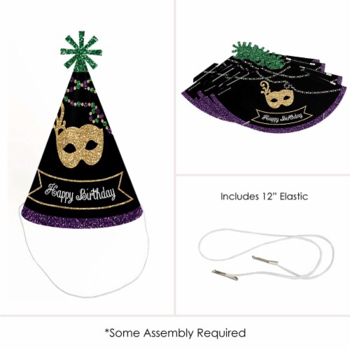 Big Dot of Happiness Mardi Gras - Cone Happy Birthday Party Hats - Set of 8 (Standard Size) Perspective: bottom