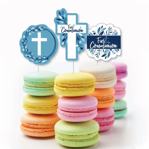 Big Dot of Happiness First Communion Blue Elegant Cross Cupcake Toppers Treat Picks 24 Ct Perspective: bottom