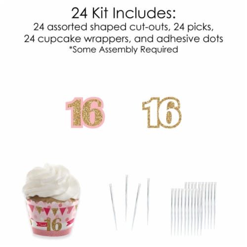 Big Dot of Happiness Sweet 16 Decor 16th Birthday Cupcake Wrappers & Treat Picks Kit 24 Ct Perspective: bottom