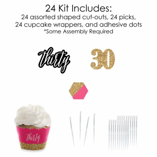 Big Dot of Happiness Chic 30th Birthday Pink & Gold Cupcake Wrappers & Treat Picks Kit 24 Ct Perspective: bottom