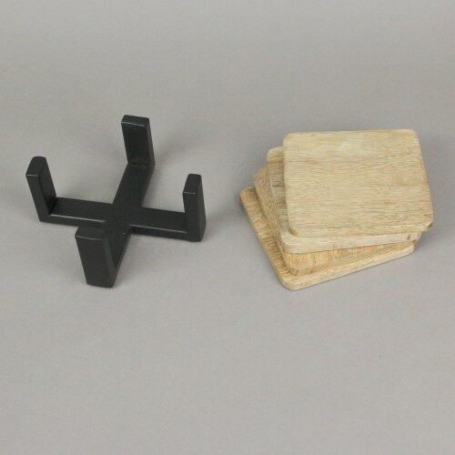 Set of 4 Wood Square Coasters Metal Holder Rustic Home Decor Drink Cup Accessory Perspective: bottom