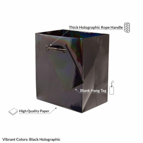 Extra Small Black Hologram Gift bags with Handles, Designer Solid Black Paper Gift Wrap Bags Perspective: bottom