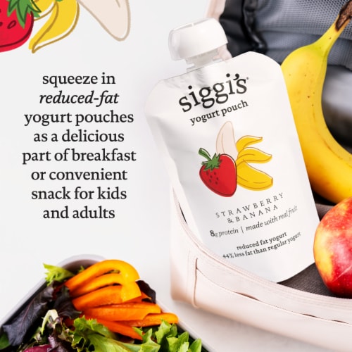 siggi’s Strawberry Banana Reduced Fat Yogurt Pouches, 3.5 oz, 4 ct Pack Perspective: bottom