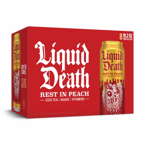 Liquid Death, Rest in Peach Iced Tea, Peach Flavored Back Tea Perspective: bottom