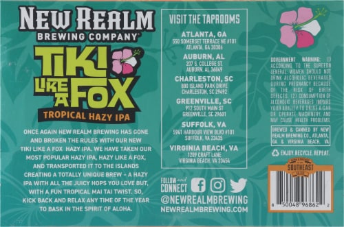New Realm Brewing Company® Tiki Like a Fox Tropical Hazy IPA Beer Cans Perspective: bottom