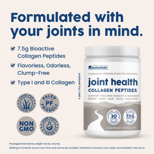 NativePath Joint Health Collagen Peptides with Fortigel and Verisol, 225 g, 7.9 oz, 30 Servin Perspective: bottom