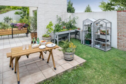 VT Nursery - 4 Tier Wooden Greenhouse FSC 100% Gray Wash (with PE cover) Perspective: bottom
