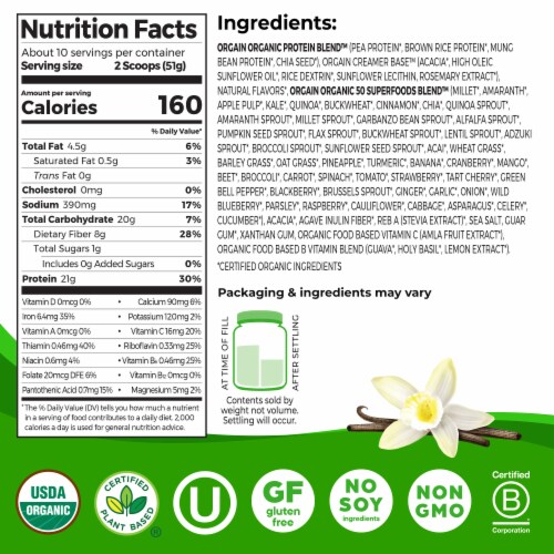 Orgain Organic Vegan 21g Protein + 50 Superfoods Powder, Vanilla Bean Perspective: bottom