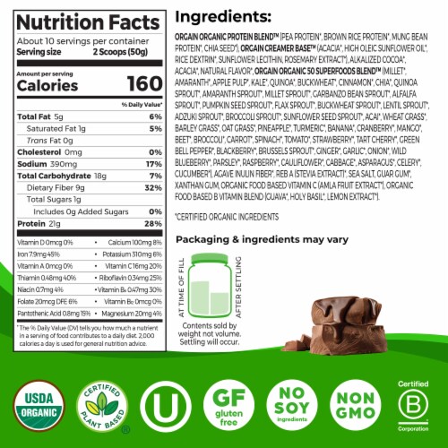 Orgain Organic Vegan 21g Protein Powder + 50 Superfoods, Creamy Chocolate Fudge Perspective: bottom
