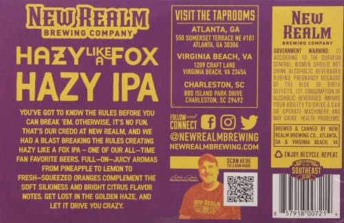 New Realm Brewing Hazy like a Fox IPA Craft Beer Cans Perspective: bottom