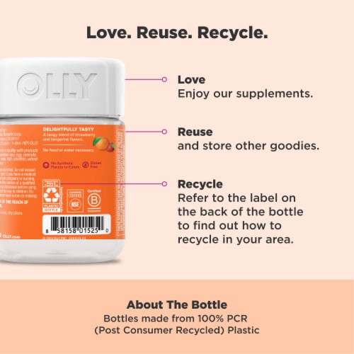OLLY Laser Focus Tangerine Flavor Gummy Supplement Ginseng Extract and Vitamin B12 Perspective: bottom