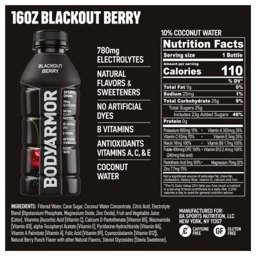 BODYARMOR® Sports Drink Blackout Berry Bottle Perspective: bottom