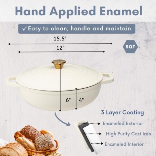 5 Quart Enameled Cast Iron Round Dutch Oven Braiser, Cream Perspective: bottom