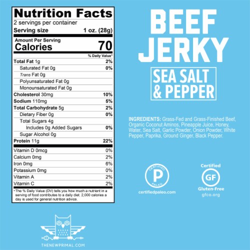 The New Primal Gluten Free Sea Salt & Pepper Grass Fed Beef Jerky Perspective: bottom