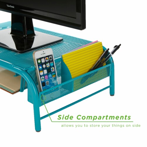 Mind Reader Metal Mesh Monitor Stand and Desk Organizer with Drawer - Turquoise Perspective: bottom