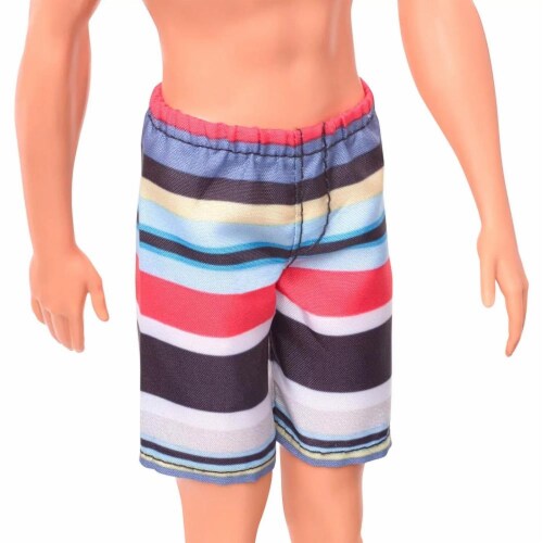 Mattel Barbie® Ken Beach Doll Wearing Striped Swimsuit Perspective: bottom