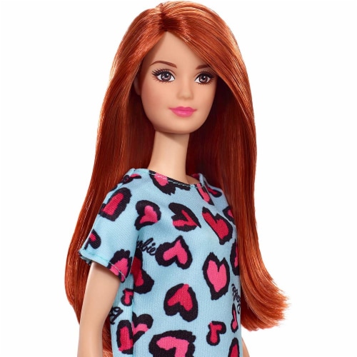 Barbie Doll Red Hair Wearing Yellow and Purple Heart-Print Dress and Platform Sneakers Perspective: bottom