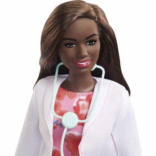 Barbie Doctor Doll, Brunette Hair, Curvy Shape, Doctor Coat, Print Dress, Stethoscope Perspective: bottom
