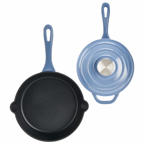 Dash Of That® Sauce Pan & Skillet Set Enameled Cast Iron - Blue Perspective: bottom
