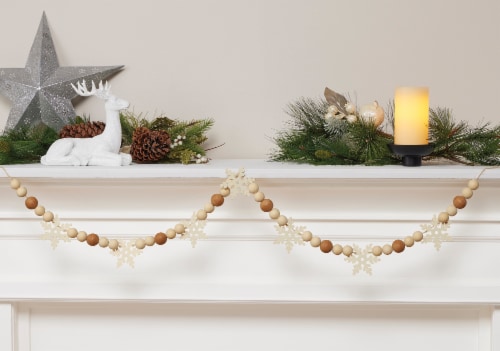 Holiday Home Wooden Garland with White Snowflakes Perspective: bottom