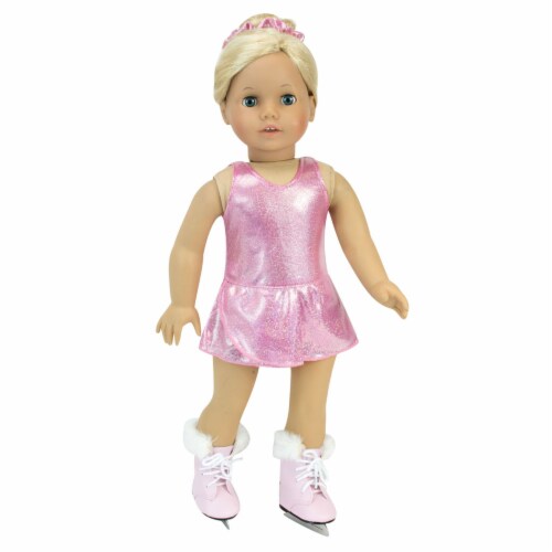 Sophia s Skater Dress Hairtie and Ice Skates for 18 Dolls Pink