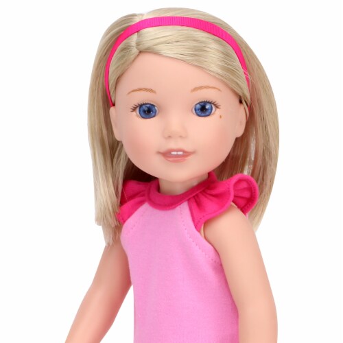 Sophia's Girl Pink & Black Heart Print Pajamas, Hair Tie & Fluffy Slippers for 15  Dolls Perspective: bottom