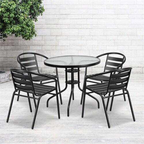 Flash Furniture 31.5 Round Glass Top Patio Dining Table in Black Perspective: bottom