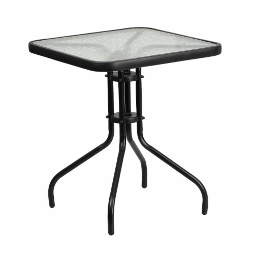 Flash Furniture 23.5'' Square Glass Metal Table with 2 Black Rattan Stack Chairs Perspective: bottom