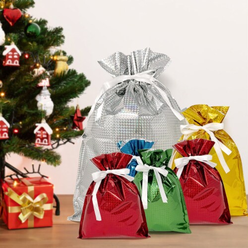 Wrapables Aluminum Foil Hologram Drawstring Gift Bags for Gift Wrap, Parties (Set of 10) Perspective: bottom