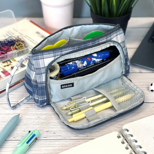 Wrapables Large Capacity Portable Pencil Pouch for Stationery Supplies,  Plaid Blue, 1 Piece - Foods Co.