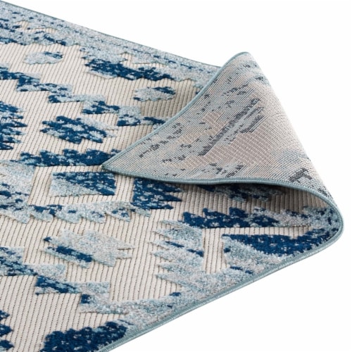 Abstract Diamond Moroccan Trellis 5x8 Indoor and Outdoor Area Rug - Ivory and Blue Perspective: bottom