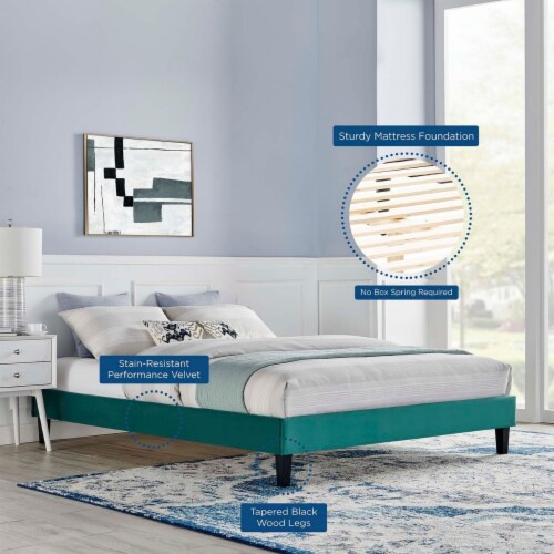 Reign Queen Performance Velvet Platform Bed Frame Teal Perspective: bottom
